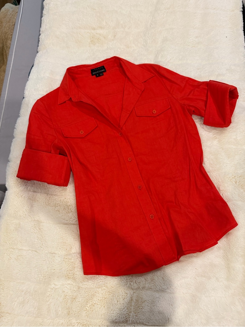 Theory Linen Blend Vibrant Red Short-Sleeve Button Down Shirt